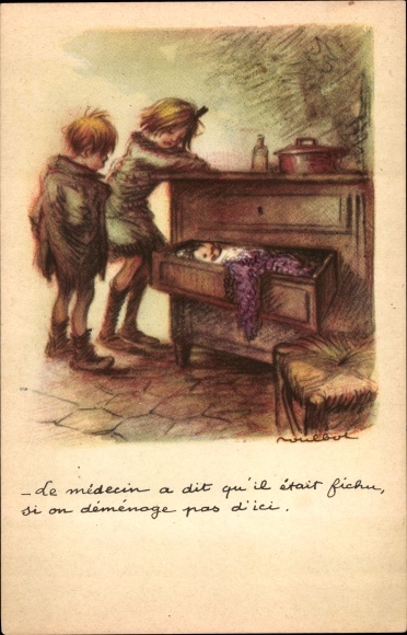 Artist Postcard Poulbot, Franciscque, Baby im Schubkasten, The doctor said he was done for