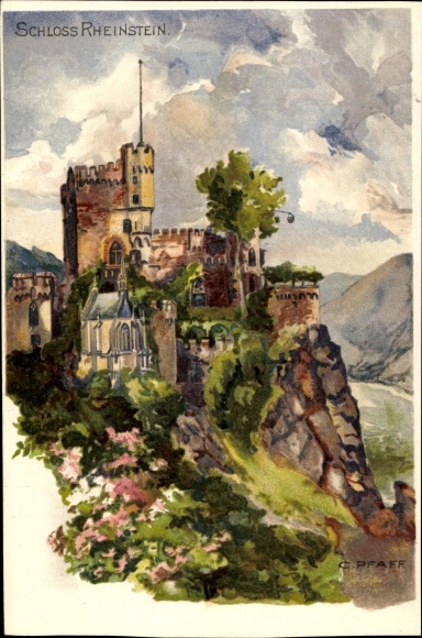 Artist Chromo-Litho Pfaff, C., Trechtingshausen am Rhein, View of the Rheinstein Castle