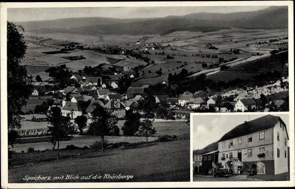 Ak Speicherz bayrische Rhön Motten in Unterfranken, Gasthof zum Biber, Blick auf den Ort