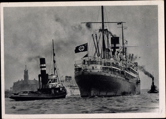 Postcard Hamburger Hafen, steamers, Africa steamers, tugboats