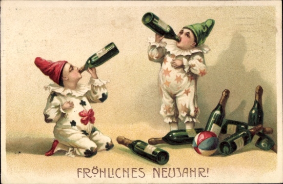Embossed Postcard Happy New Year, children drinking champagne, champagne bottles