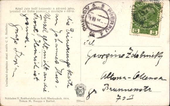Artist Postcard Kdož Jste boží bojovníci a zákonů jeho, prostež od Boha pomoci a doufejte v něho