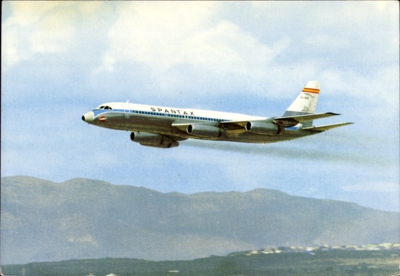 Postcard Spanish passenger aircraft of Spantax, Convair CV 990 A Coronado