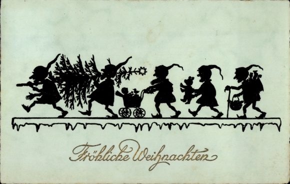 Scherenschnitt Ak Weihnachten, Zwerge mit Tannenbaum, Puppenwagen