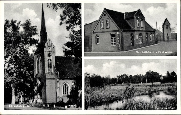 Postcard Eickeloh in Lower Saxony, church, commercial building, lot in the break