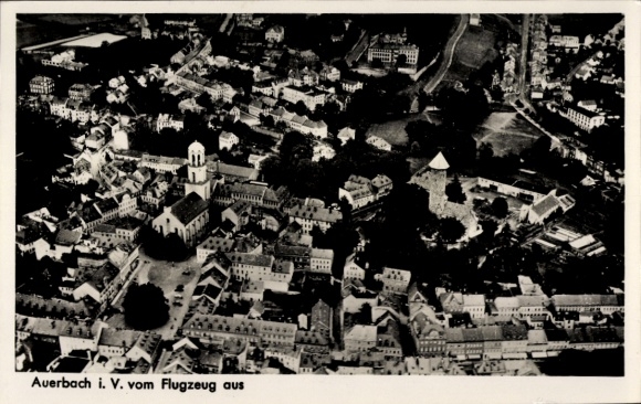 Postcard Auerbach im Vogtland, aerial photograph