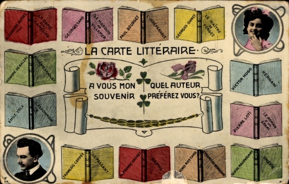 Postcard book language, lovers, book title, Bourget, Hugo, Zola, Sand, Balzac