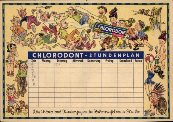 Timetable advertising Chlorodont toothpaste, tube, mouthwash, tooth devil with children around 1930