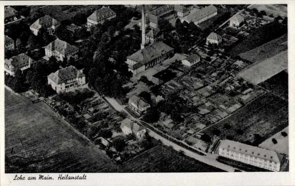 Postcard Lohr am Main Lower Franconia, aerial photograph, sanatorium