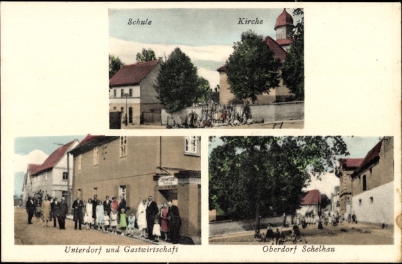Ak Schelkau Teuchern im Burgenlandkreis, Schule, Gastwirtschaft, Kirche, Oberdorf, Unterdorf