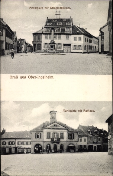 Postcard Ober Ingelheim am Rhein, market square, war memorial, town hall