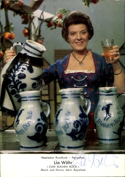 Postcard actress Lia Wöhr, portrait, Zum blauen Bock, music and humor at Äppelwoi, autograph