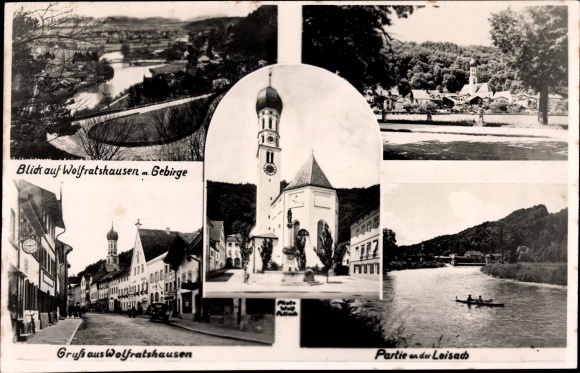 Photo Postcard Wolfratshausen in the Bad Tölz district Wolfratshausen, mountains, church, part of the Loisach