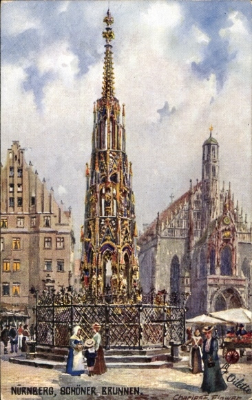 Artist Postcard Flower, Charles, Nuremberg in Middle Franconia Bavaria, Beautiful Fountain