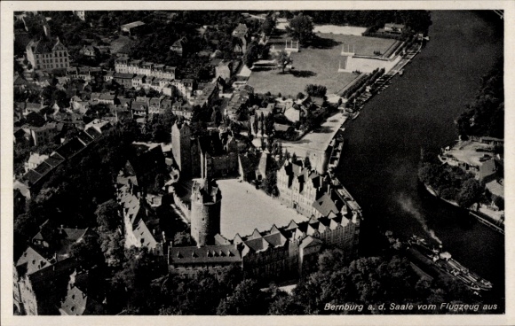 Postcard Bernburg an der Saale, aerial photograph, castle