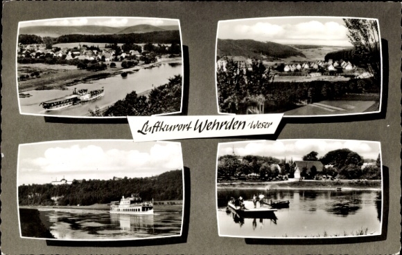 Postcard Wehrden Beverungen on the Weser, bird's eye view, boats, panorama