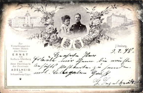 Wappen Ak Ernst von Sachsen Altenburg, Adelheid von Schaumburg Lippe, Hochzeit