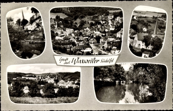 Postcard Waxweiler in the Eifelkreis Bitburg Prüm, long shot, church, lake view