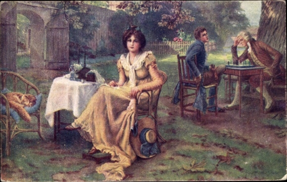 Postcard Niederlössnitz Niederlößnitz Radebeul Saxony, couple in the garden, dog sleeping, table with drinks...