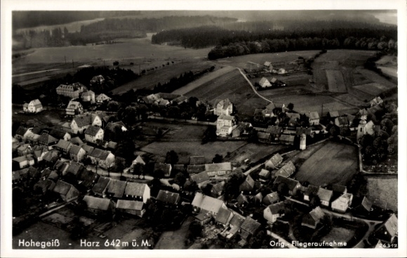Postcard Hohegeiß Braunlage in the Upper Harz, aerial view of Harz, 642 m above sea level, buildings, rural surroundings