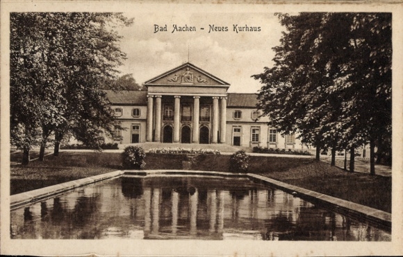 Ak Aachen,  Neues Kurhaus, Wasserfläche, Bäume,  Architektur