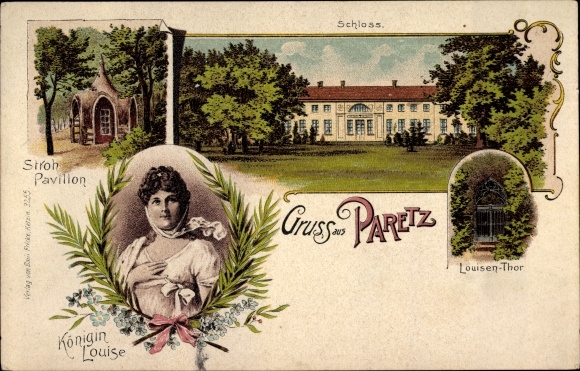 Chromo-Litho Paretz Ketzin on the Havel, Siroh Pavilion, portrait of Queen Louise, gate, castle
