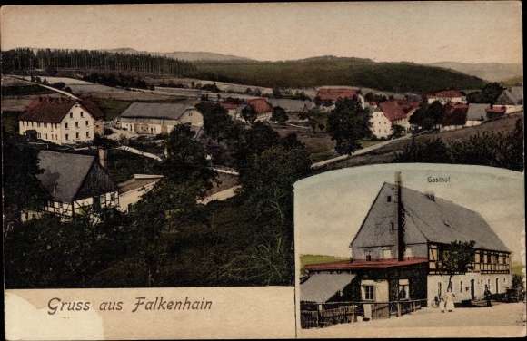 Ak Falkenhain Lossatal in Sachsen ?, Gasthof, Blick auf den Ort