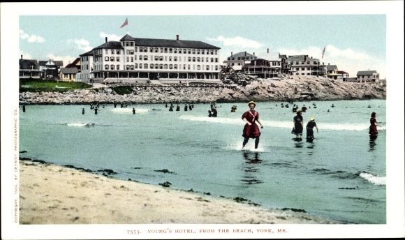 Ak York Beach Maine, Young's Hotel, vanaf het strand