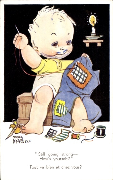 Artist Postcard Attwell, ML, Child Sewing, painted portrait