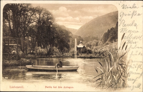 PC Bad Liebenzell in the Black Forest, man in a boat, river landscape, trees, pavilion, from Liebenzell