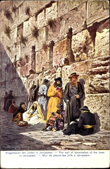 Judaica artist Postcard Perlberg, F., Jerusalem Israel, Jews at the Wailing Wall