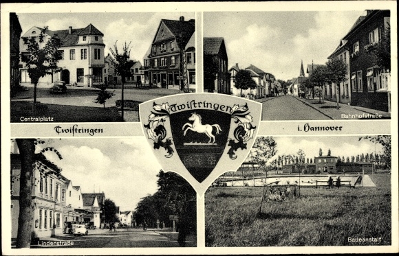 Coat of arms Postcard Twistringen Lower Saxony, coat of arms, Centralplatz, public baths, Bahnhofstrasse, Lindenstrasse