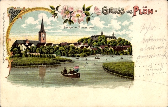 Litho Plön in Schleswig Holstein, Der kleine Plöner See, Ruderboot, Kirche