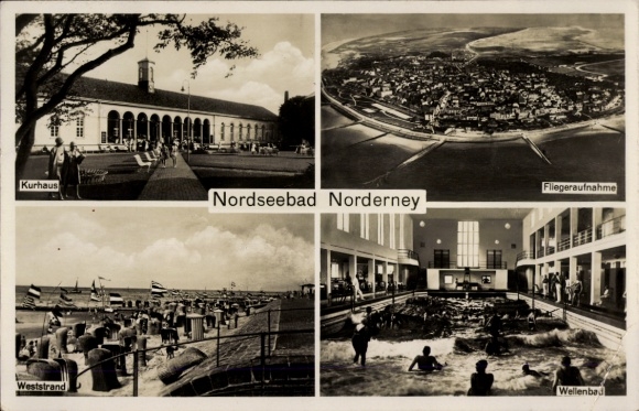 Postcard North Sea resort Norderney East Frisia, spa house, North Sea resort Weststrand, aerial photograph, wave pool