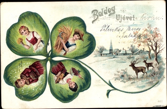 Litho Glückwunsch Neujahr, Jahreszeiten, Winterlandschaft, Hirsch, Kleeblatt