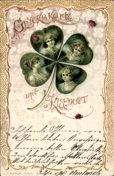 Embossed Chromo-Litho Lucky Card with Clover Scent, Women in Clover, Ladybug
