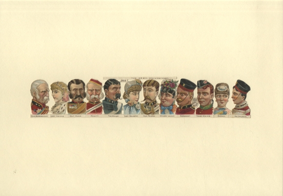 Oblate Block, The Army by George Cruikshank 308, men's and women's heads, uniforms, approx. 6 x 32 cm