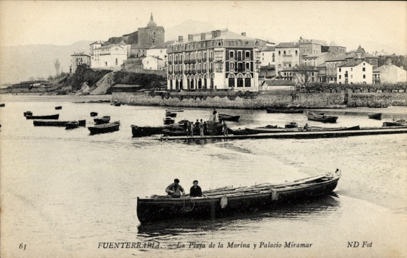 Postcard Hondarribia Fuenterrabia Basque Country, beautiful harbor view, boats in the water, buildings in the background...