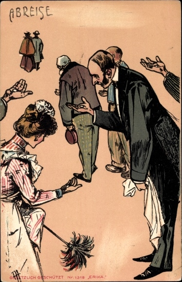 Chromo-Litho Servants holding out hand for tip, butler, cleaning lady