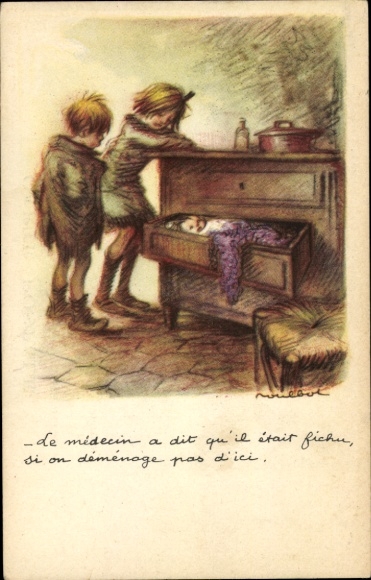 Artist Postcard Poulbot, Franciscque, Children, Baby sleeping in a drawer