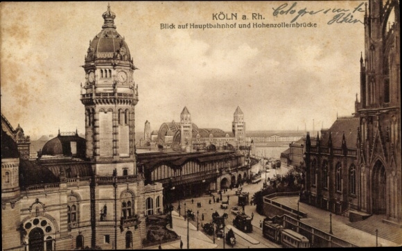 Ak Köln am Rhein, Blick auf Hauptbahnhof und Hohenzollernbrücke