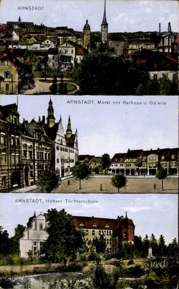 Ak Arnstadt in Thüringen, Markt, Rathaus, Galerie, Töchterschule, Panorama