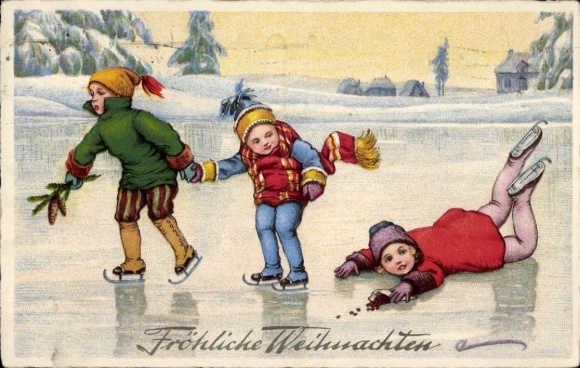 Postcard Merry Christmas, Children, Ice Skating