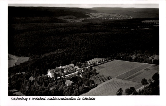 Postcard Schömberg in the Black Forest Württemberg, aerial photograph of the forest sanatorium Dr. Schcodec, Waldlands