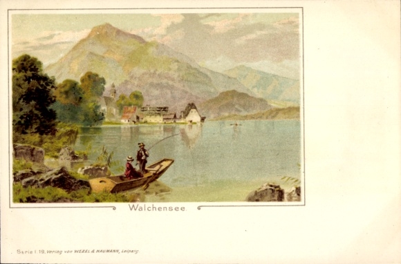 Chromo-Litho Walchensee Kochel am See, panorama, rowing boat, angler