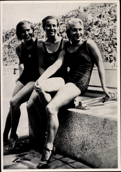 Sammelbild Olympia 1936, Turmspringerinnen Käte Kohler, Velma Dunn und Dorothy Poynton