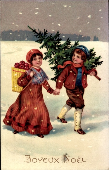 Embosser card Merry Christmas, children carrying a Christmas tree and apple basket through the snow