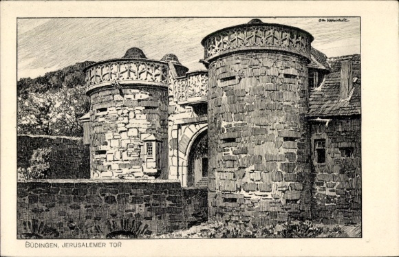 Postcard Büdingen in Hesse, city wall, Jerusalem Gate, historical architecture