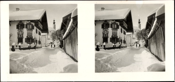 Stereo photo winter in Upper Bavaria Otto Schönstein, Ruhpolding, Dorfstrasse