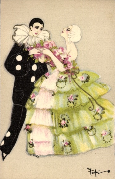 Artist Postcard Pierrot and elegant lady